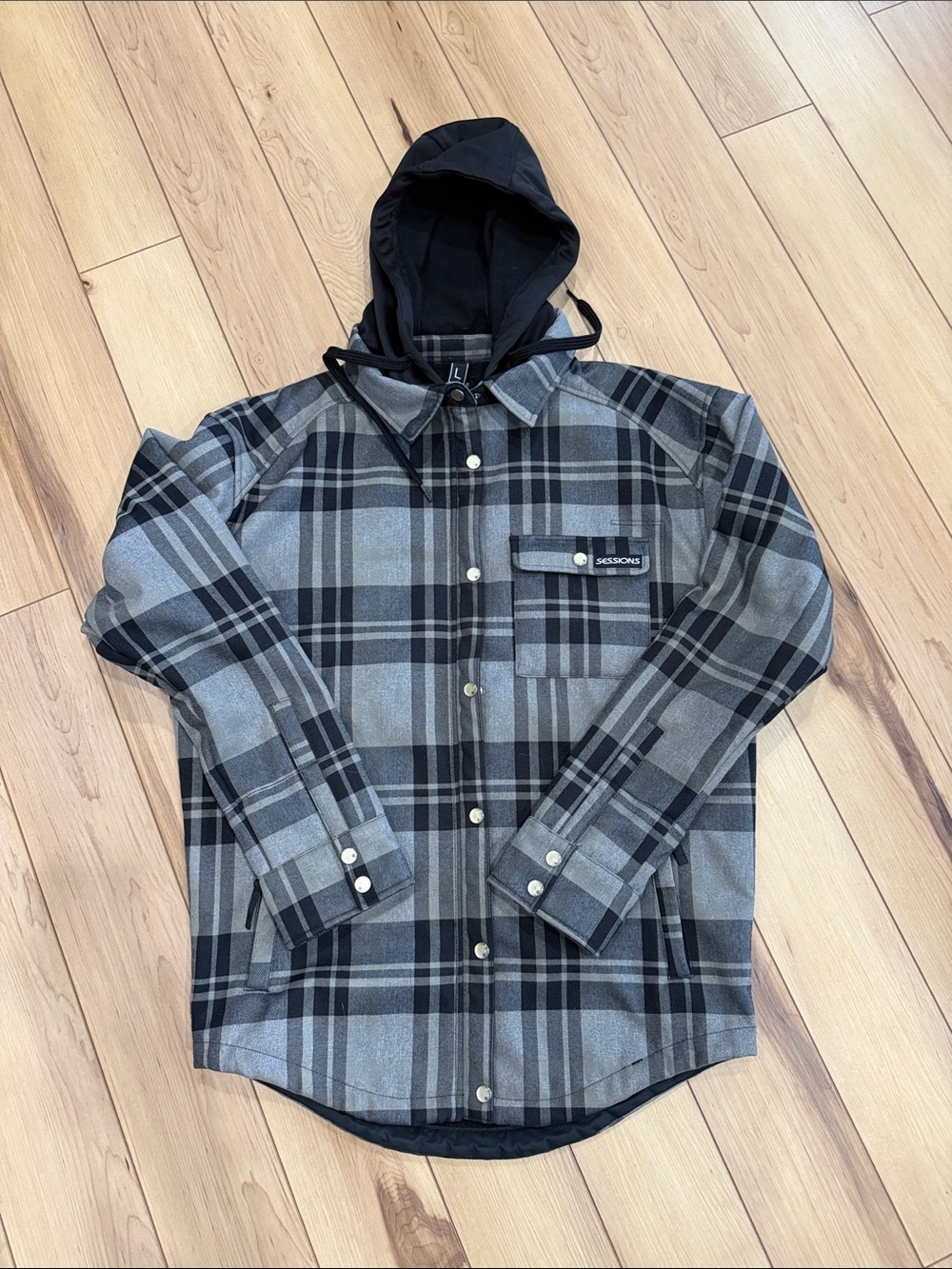 SESSIONS Outlaw Black & Gray Plaid Hooded Button-Up Jacket